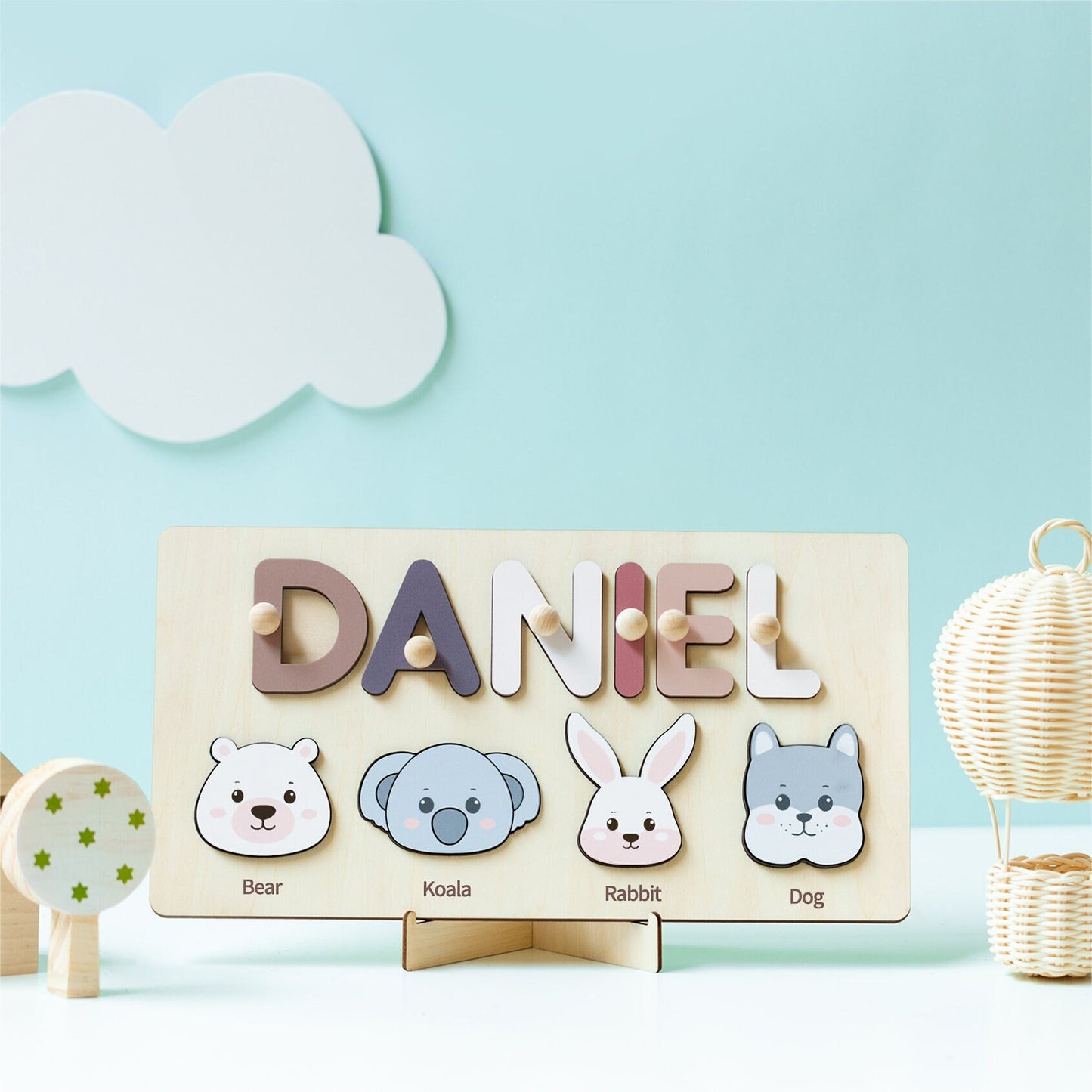 Kids name puzzle with animals, custom toddler name puzzle with pegs, baby shower gifts, 1st birthday name puzzle, first christmas gifts