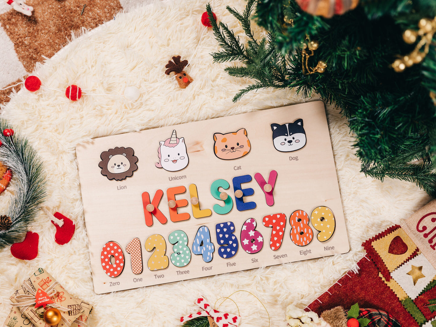 Personalized name puzzle with animal and numbers, Unique christmas gifts, Educational gift for learning number animal,  Wood name puzzle