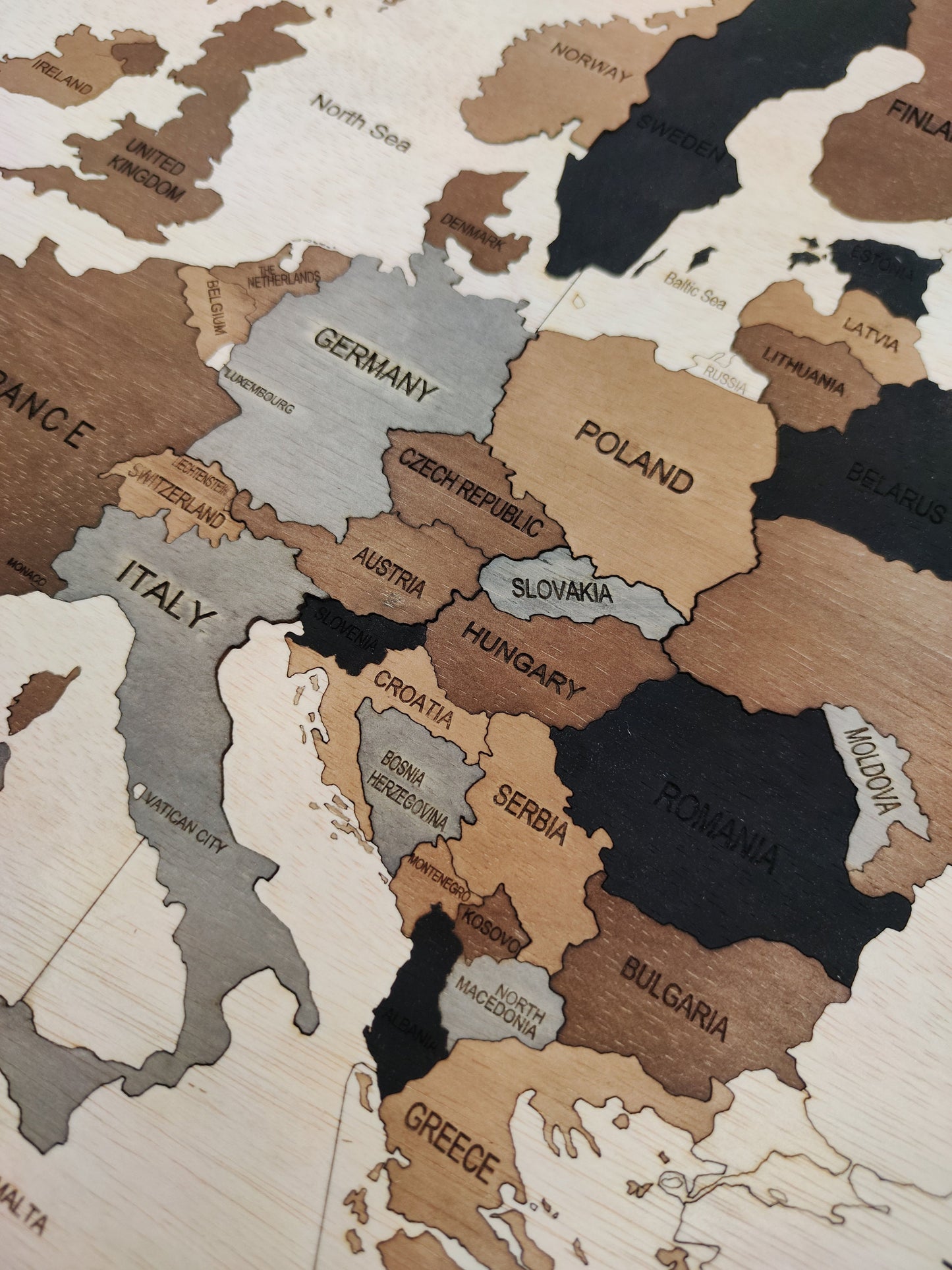 Europe wooden map puzzle. Ideal gift for school kids. Jigsaw Europe's map with boarders and countries names.