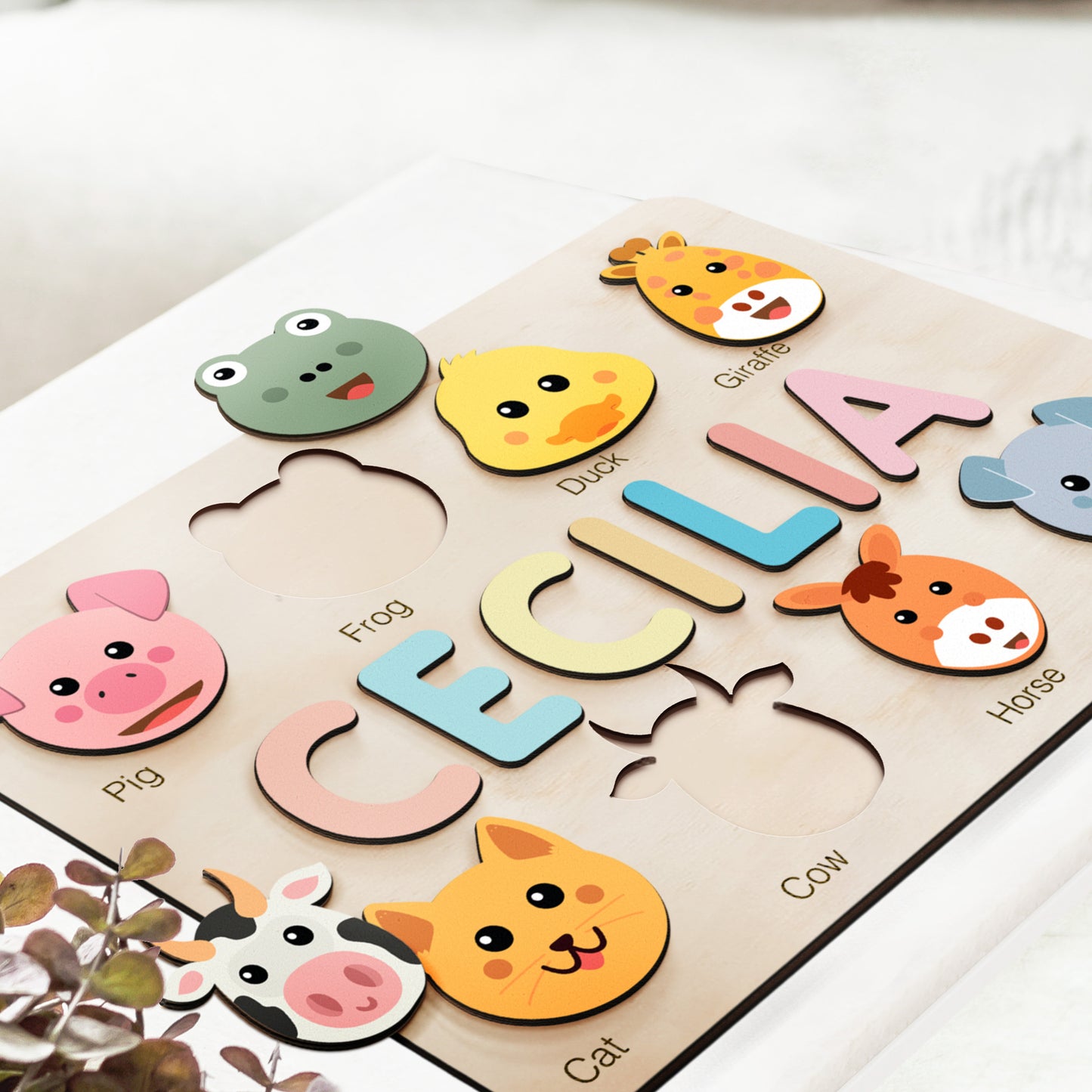 Wooden Busy Board Puzzle | Personalized Name Puzzle with Animals | Baby Girl and Boy Gift | First Christmas Gift | Wood Toy for One Year Old