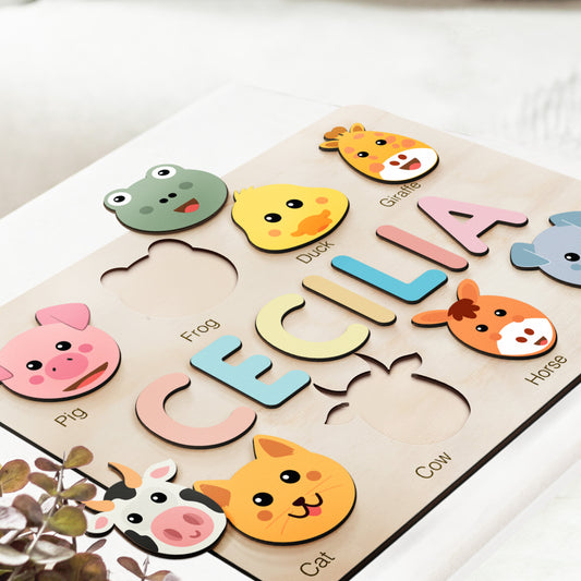 Wooden Busy Board Puzzle | Personalized Name Puzzle with Animals | Baby Girl and Boy Gift | First Christmas Gift | Wood Toy for One Year Old