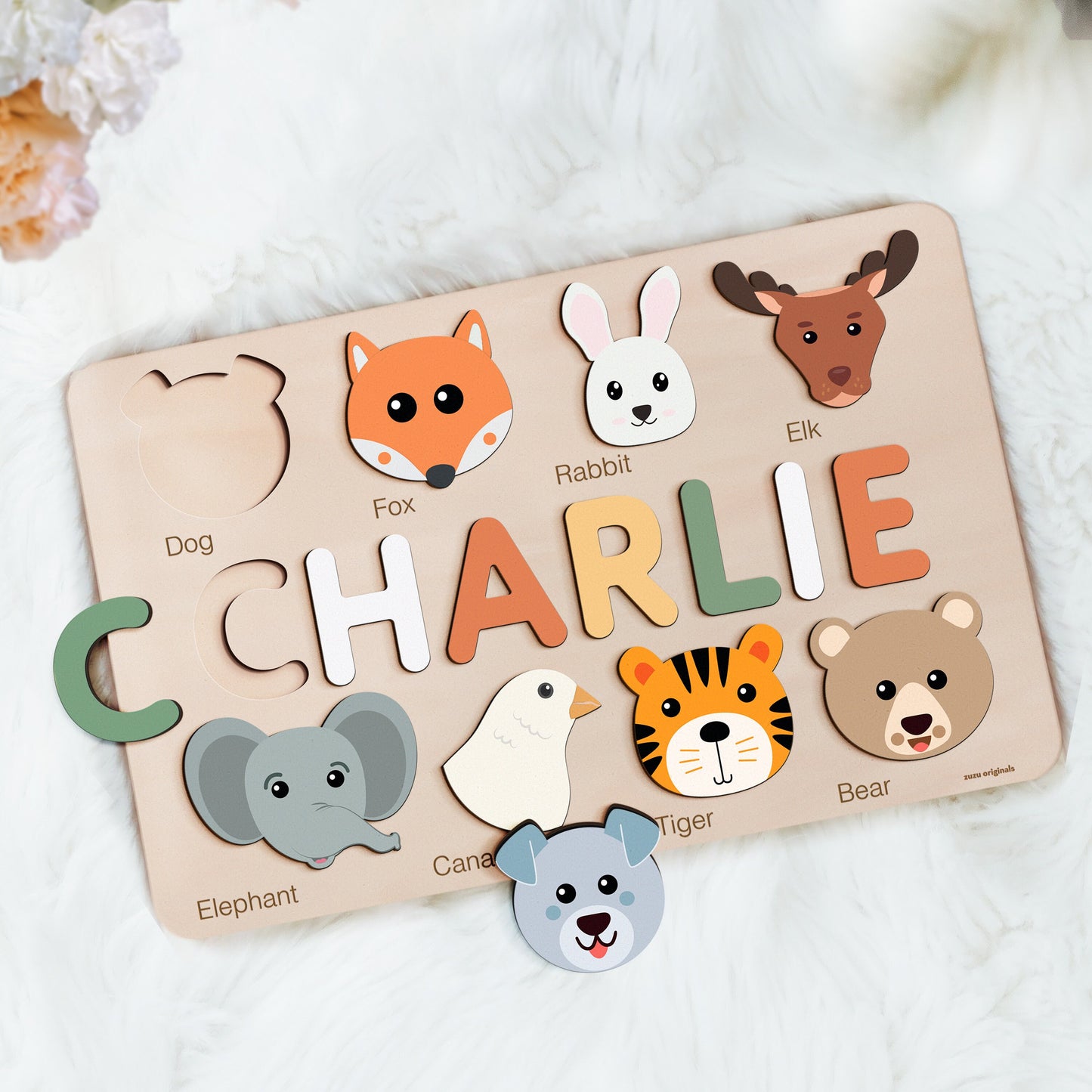 Animals Puzzle with Name, Personalized Puzzle, Christmas Gifts for Toddlers, Custom Animal Wooden Toy, Nursery Decor, First Birthday Gift