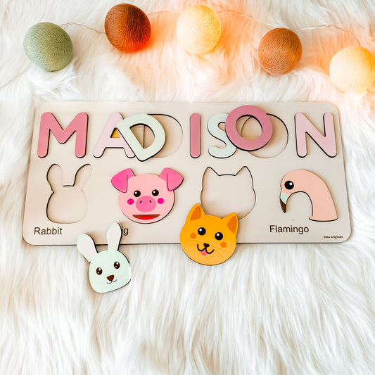 Name Puzzle with Animals, Personalized Animals Puzzle, Gift for Toddlers, Custom Animal Toy, Wooden Montessori Toy, First Birthday Boy Girl