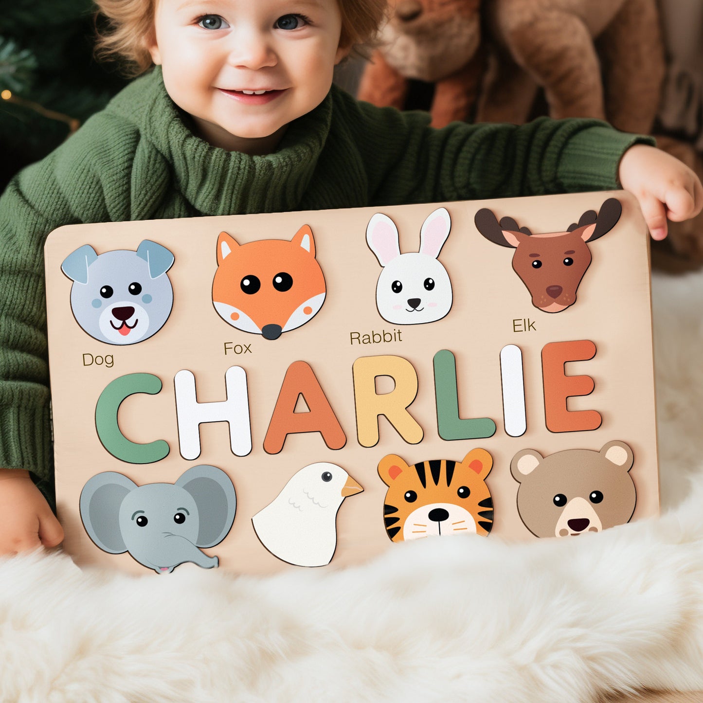 Name Puzzle with Animals, Personalized Animals Puzzle, Gift for Toddlers, Custom Animal Toy, Wooden Montessori Toy, First Birthday Boy Girl