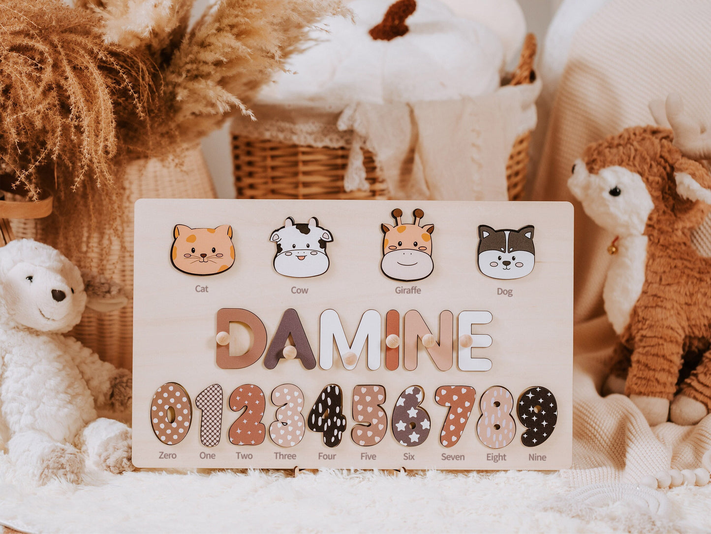 Personalized name puzzle with animal and numbers, Unique christmas gifts, Educational gift for learning number animal,  Wood name puzzle