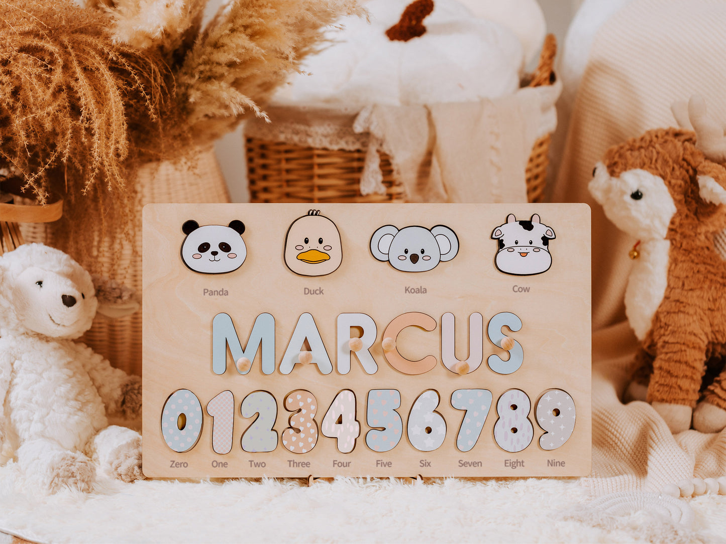 Personalized name puzzle with animal and numbers, Unique christmas gifts, Educational gift for learning number animal,  Wood name puzzle