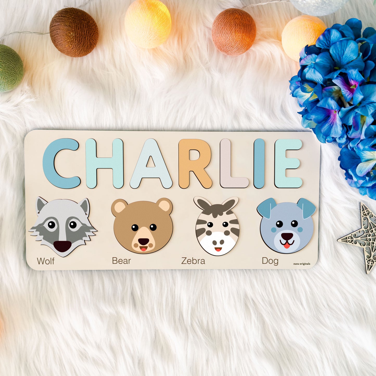 Baby Custom Name Puzzle with Animals, Custom Handmade Birthday Gift for Kids, Christmas Gifts for Toddlers, Special New Baby Gift, Wood Gift