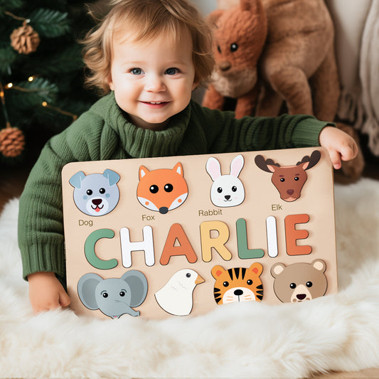 Baby Custom Name Puzzle with Animals, Custom Handmade Birthday Gift for Kids, Christmas Gifts for Toddlers, Special New Baby Gift, Wood Gift