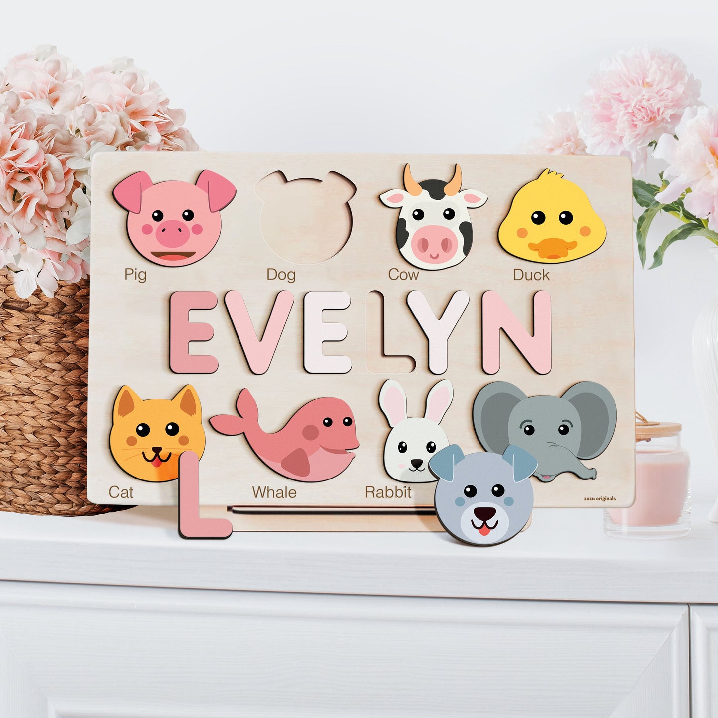 Animals Puzzle with Custom Baby Name, Personalized Name Puzzle, Zuzu Puzzle Licensed Puzzle, Baby Girl Gift, Baby Boy Gift, Handmade Wooden