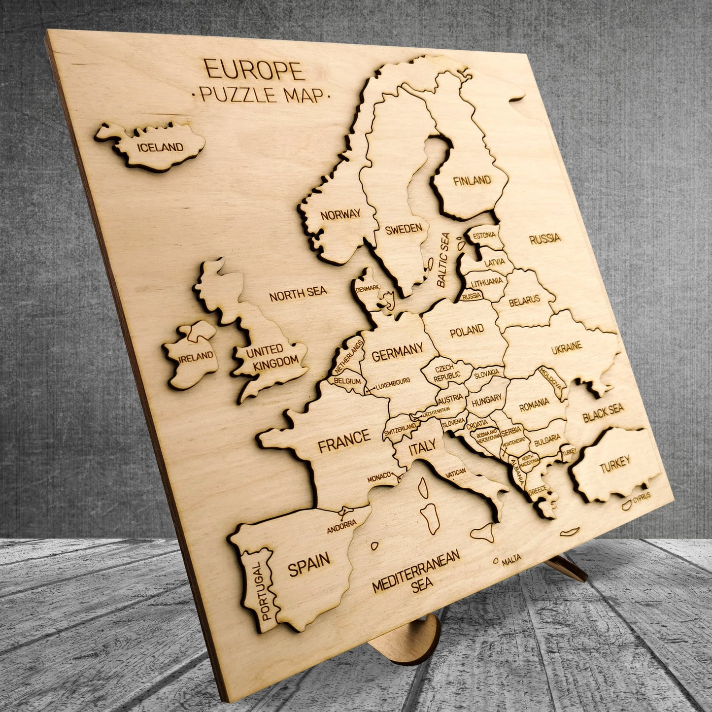 Map of Europe Wooden Puzzle, Engraved Continent Educational Toy, Laser cut Learn Geography Kid/Adult Game, New Home Decor Gift for Teacher