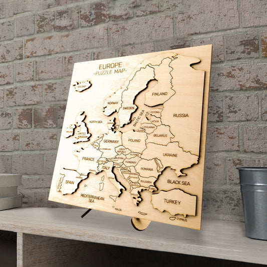 Map of Europe Wooden Puzzle, Engraved Continent Educational Toy, Laser cut Learn Geography Kid/Adult Game, New Home Decor Gift for Teacher