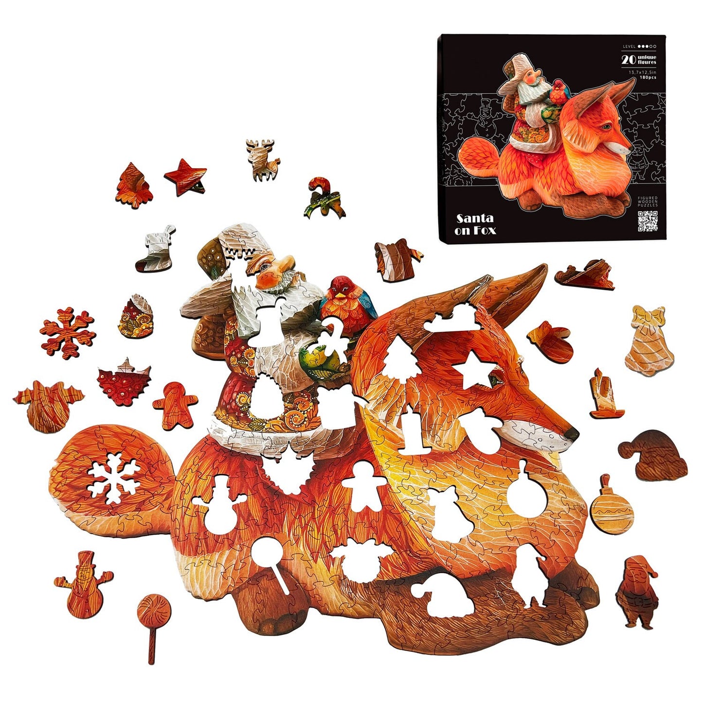 Christmas Santa on Fox Wooden Jigsaw Puzzle For Adults and Kids | Premium 180 pcs Wooden Laser Cut, Christmas Gift