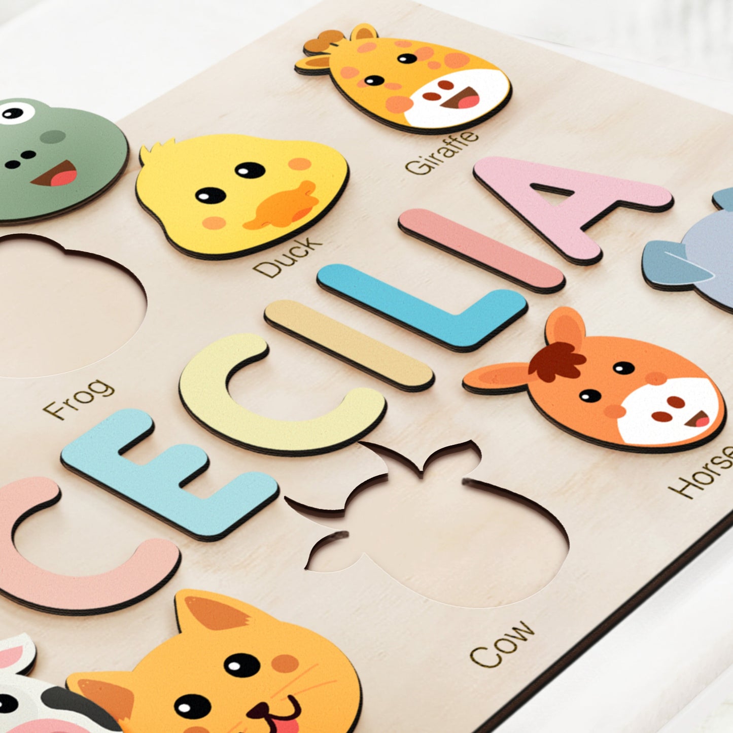 Wooden Busy Board Puzzle | Personalized Name Puzzle with Animals | Baby Girl and Boy Gift | First Christmas Gift | Wood Toy for One Year Old