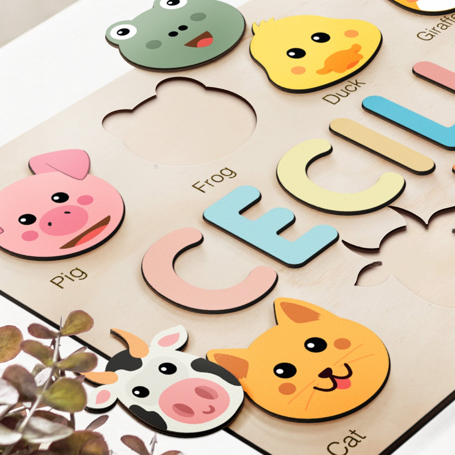 Wooden Busy Board Puzzle | Personalized Name Puzzle with Animals | Baby Girl and Boy Gift | First Christmas Gift | Wood Toy for One Year Old