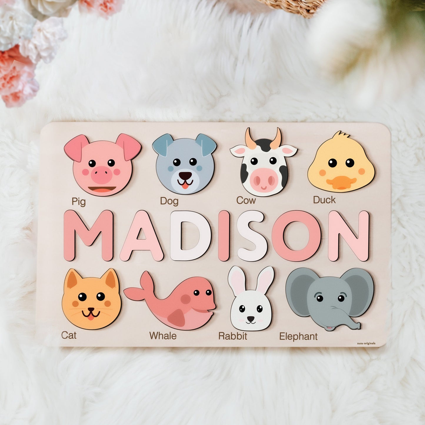 Animals Puzzle Customizable Name Puzzle for Baby, 1st Birthday Gifts for Baby Girl and Boy, Montessori Wooden Toys with Personalized Names