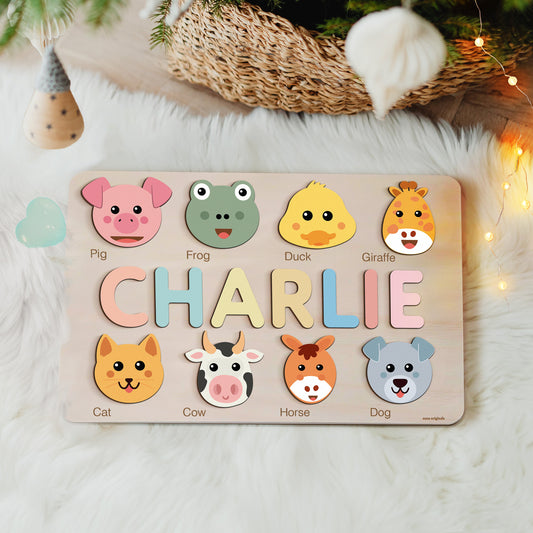 Animals Puzzle Customizable Name Puzzle for Baby, 1st Birthday Gifts for Baby Girl and Boy, Montessori Wooden Toys with Personalized Names