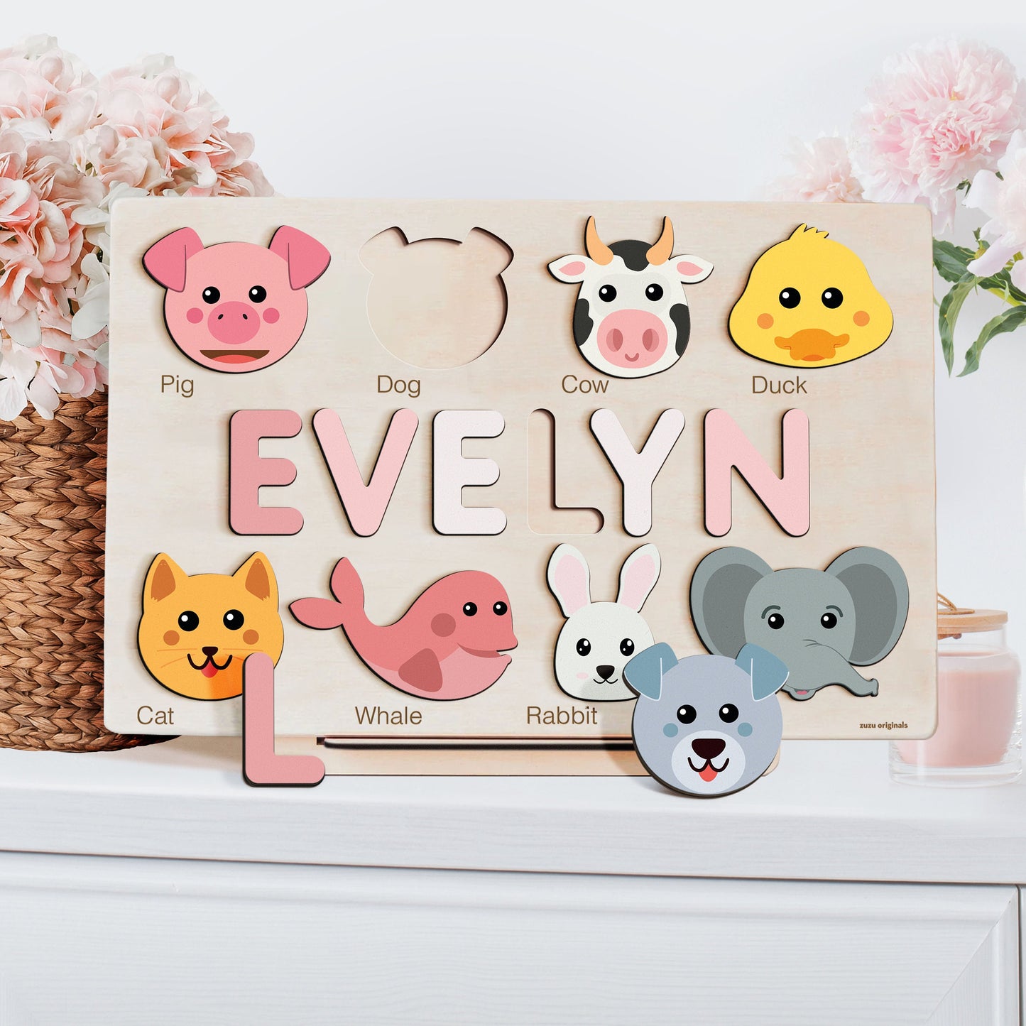 Custom Handmade Name Puzzle with Animals, Personalized Birthday Gift for Kids, Christmas Gifts for Toddlers, Unique New Baby Gift, Wood Toy