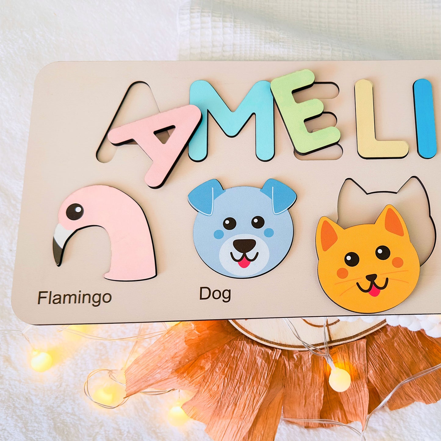 Custom Handmade Name Puzzle with Animals, Personalized Birthday Gift for Kids, Christmas Gifts for Toddlers, Unique New Baby Gift, Wood Toy