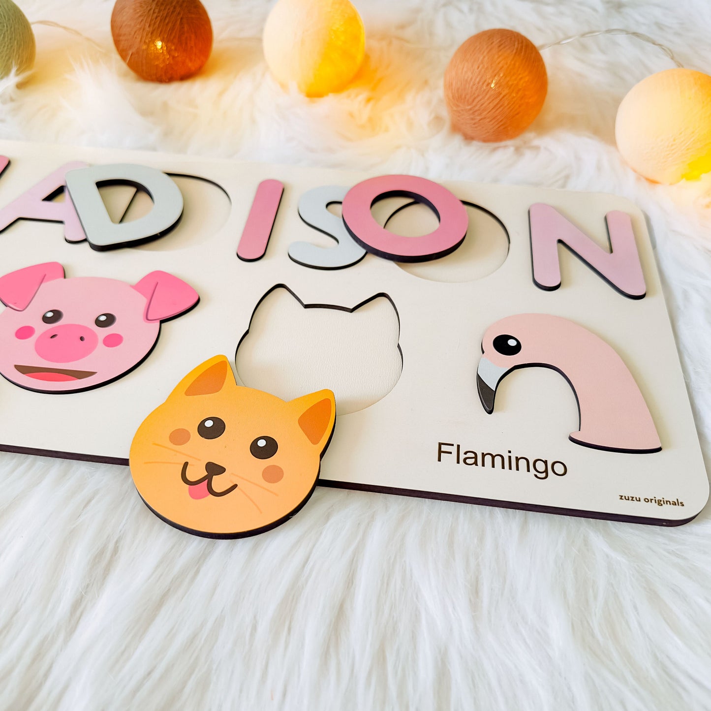 Animals Puzzle with Custom Baby Name, Personalized Name Puzzle, Zuzu Puzzle Licensed Puzzle, Baby Girl Gift, Baby Boy Gift, Handmade Wooden