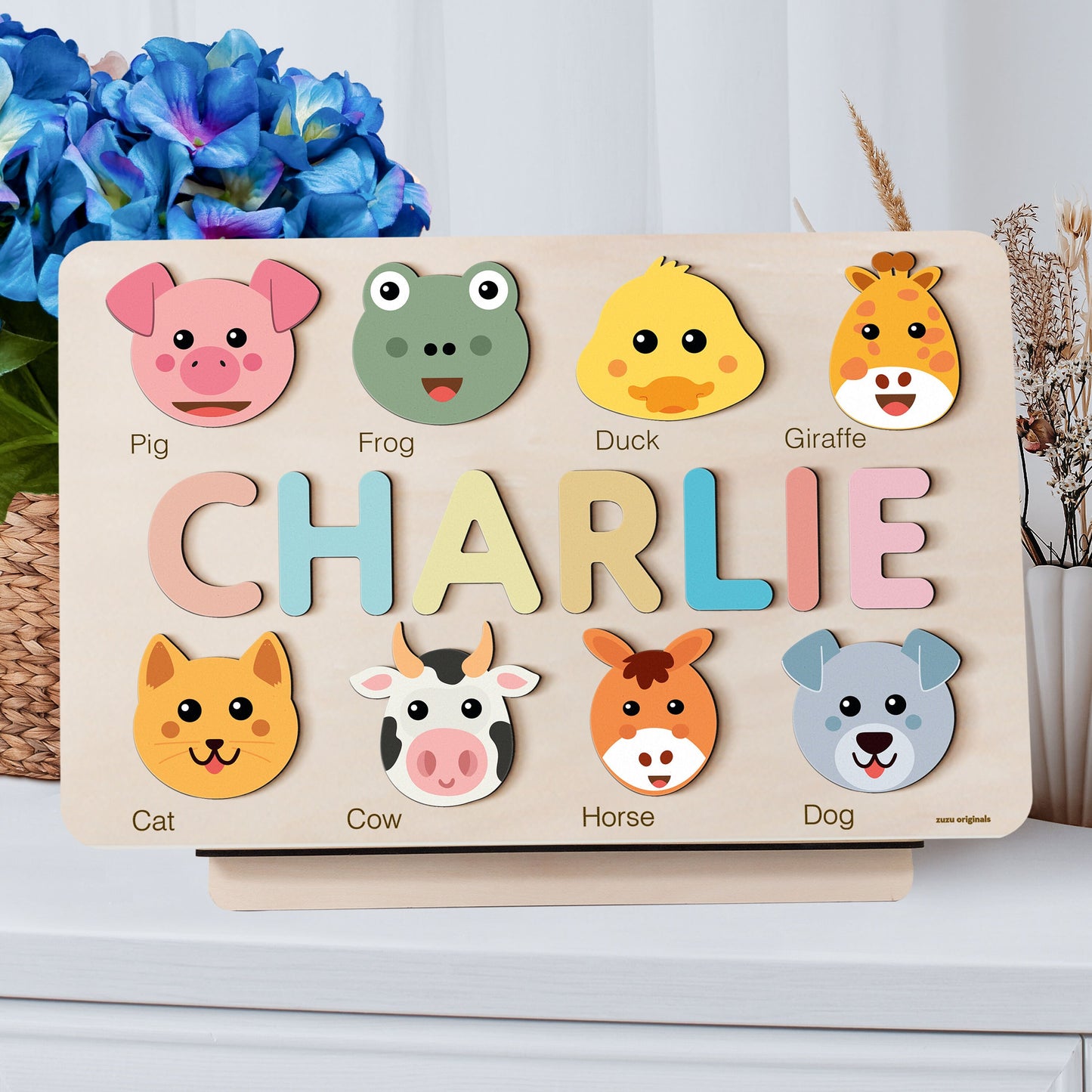 Animals Puzzle with Custom Baby Name, Personalized Name Puzzle, Zuzu Puzzle Licensed Puzzle, Baby Girl Gift, Baby Boy Gift, Handmade Wooden