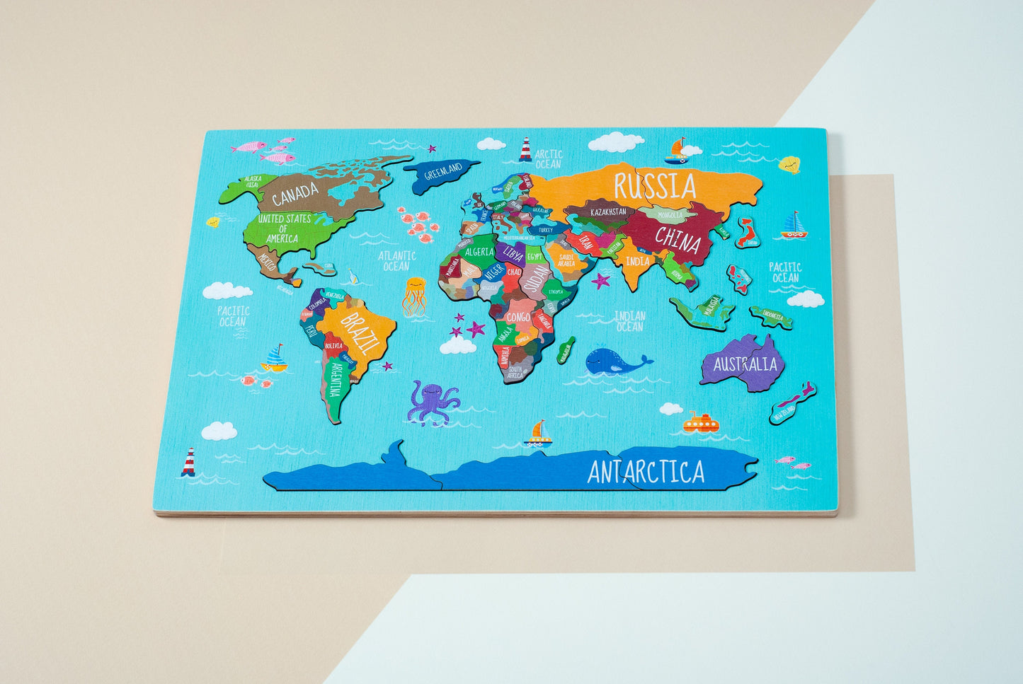 Kids Puzzle - World Map Puzzle, Educational Toy, Wooden Puzzle, Map Puzzle Wooden, Animal World Map, Montessori Toys, Gift for Children