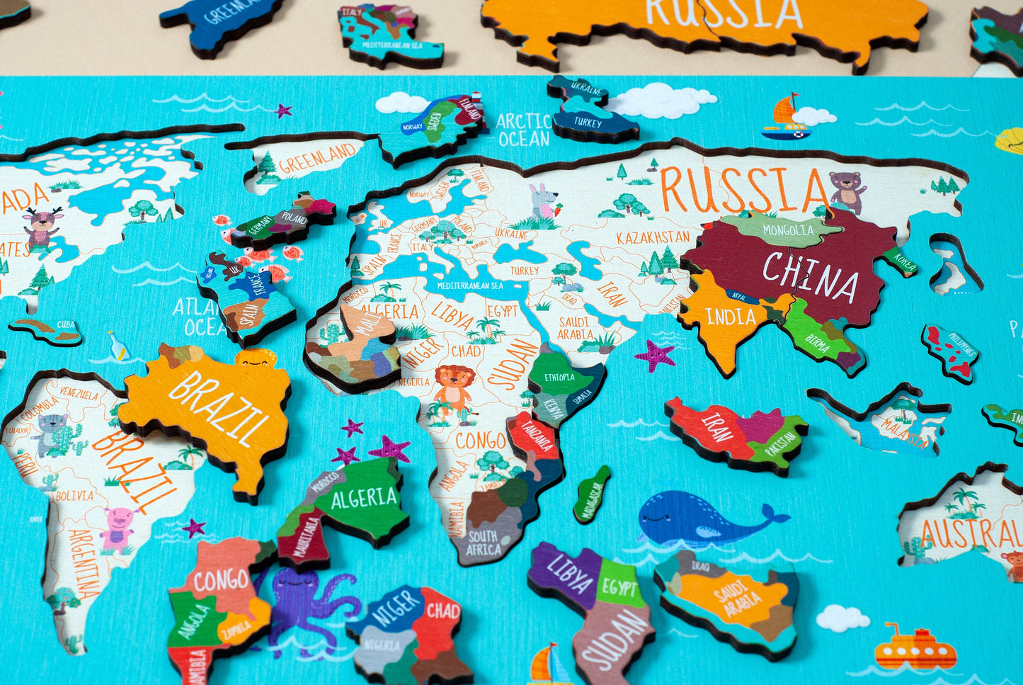 Kids Puzzle - World Map Puzzle, Educational Toy, Wooden Puzzle, Map Puzzle Wooden, Animal World Map, Montessori Toys, Gift for Children