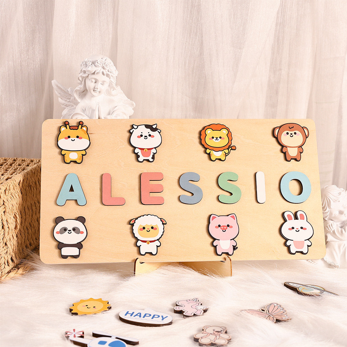 Wood Toys for One-Year-Old, Personalized Name Puzzle with Zoos/Animal, Custom Toddler Toys, Kids Baby Girl Shower Gift, Montessori Toys