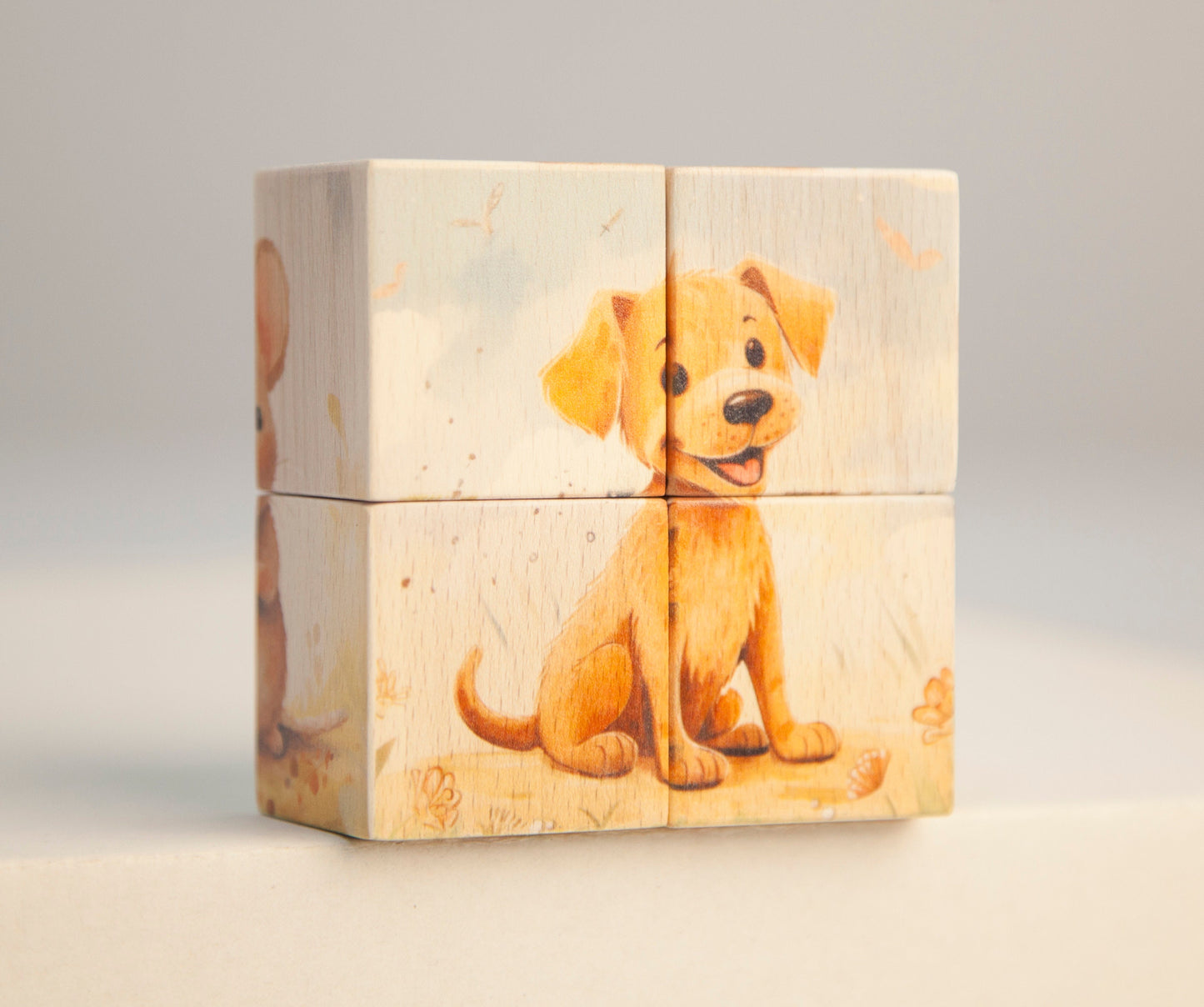 Wooden Baby Cube With Animals, Kitten Baby Birth Cubes, Bunny Natural Wood Blocks, Puppy Wooden Cube Puzzle, Duckling Educational Puzzle