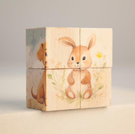 Wooden Baby Cube With Animals, Kitten Baby Birth Cubes, Bunny Natural Wood Blocks, Puppy Wooden Cube Puzzle, Duckling Educational Puzzle