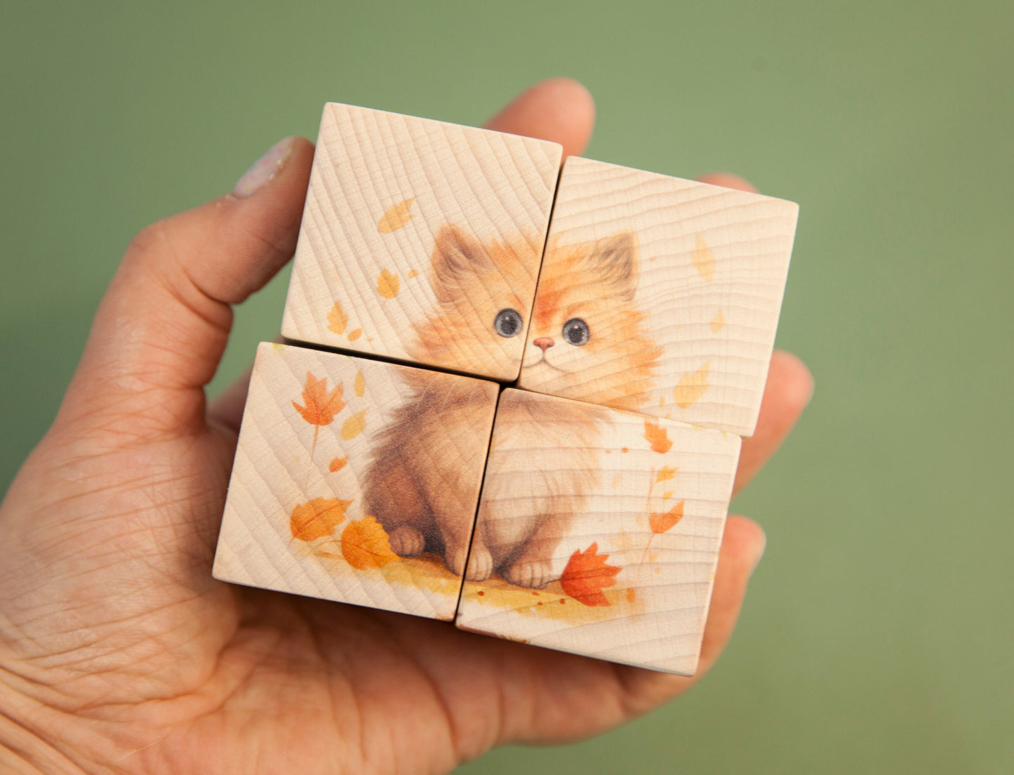 Wooden Baby Cube With Animals, Kitten Baby Birth Cubes, Bunny Natural Wood Blocks, Puppy Wooden Cube Puzzle, Duckling Educational Puzzle