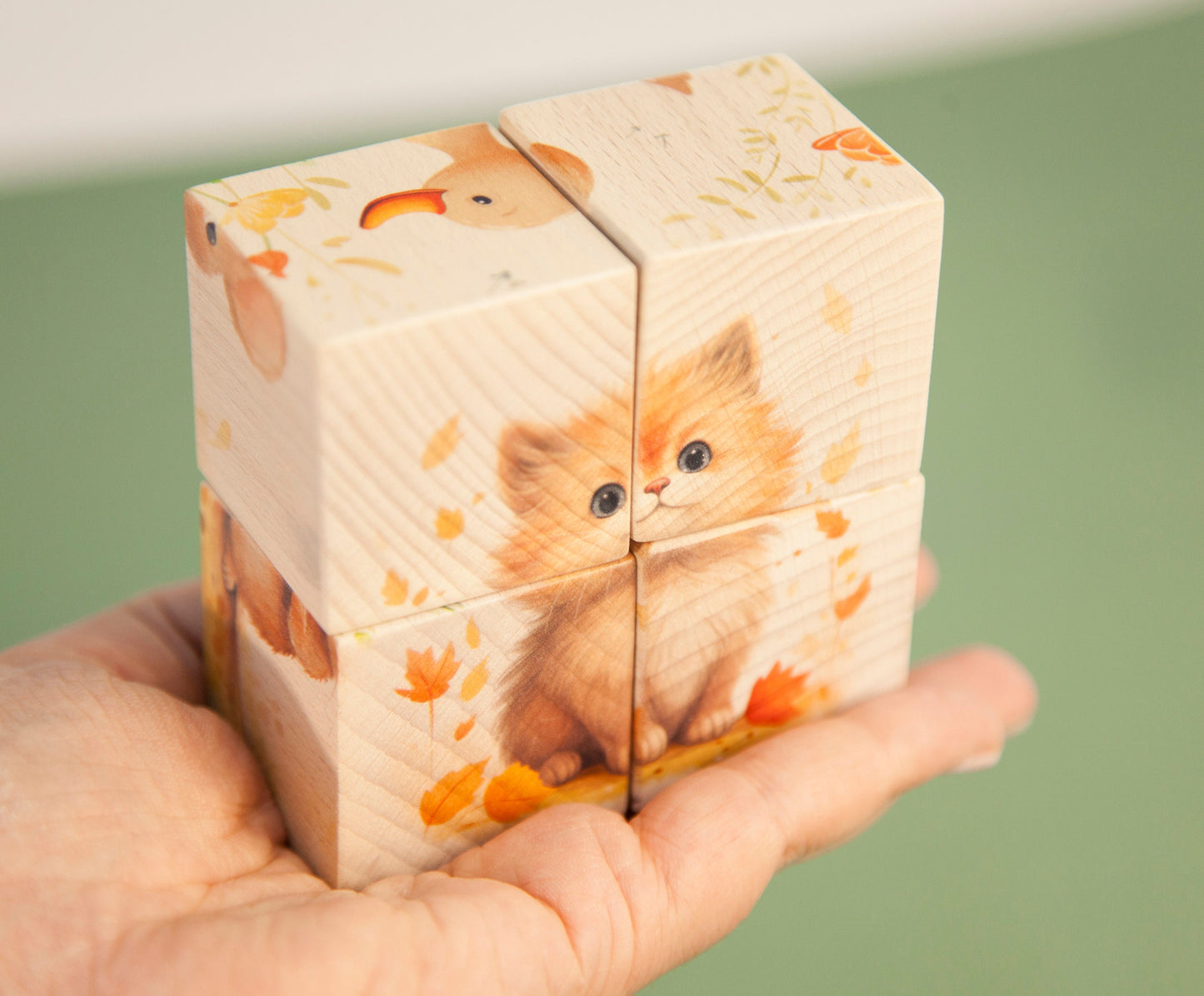 Wooden Baby Cube With Animals, Kitten Baby Birth Cubes, Bunny Natural Wood Blocks, Puppy Wooden Cube Puzzle, Duckling Educational Puzzle