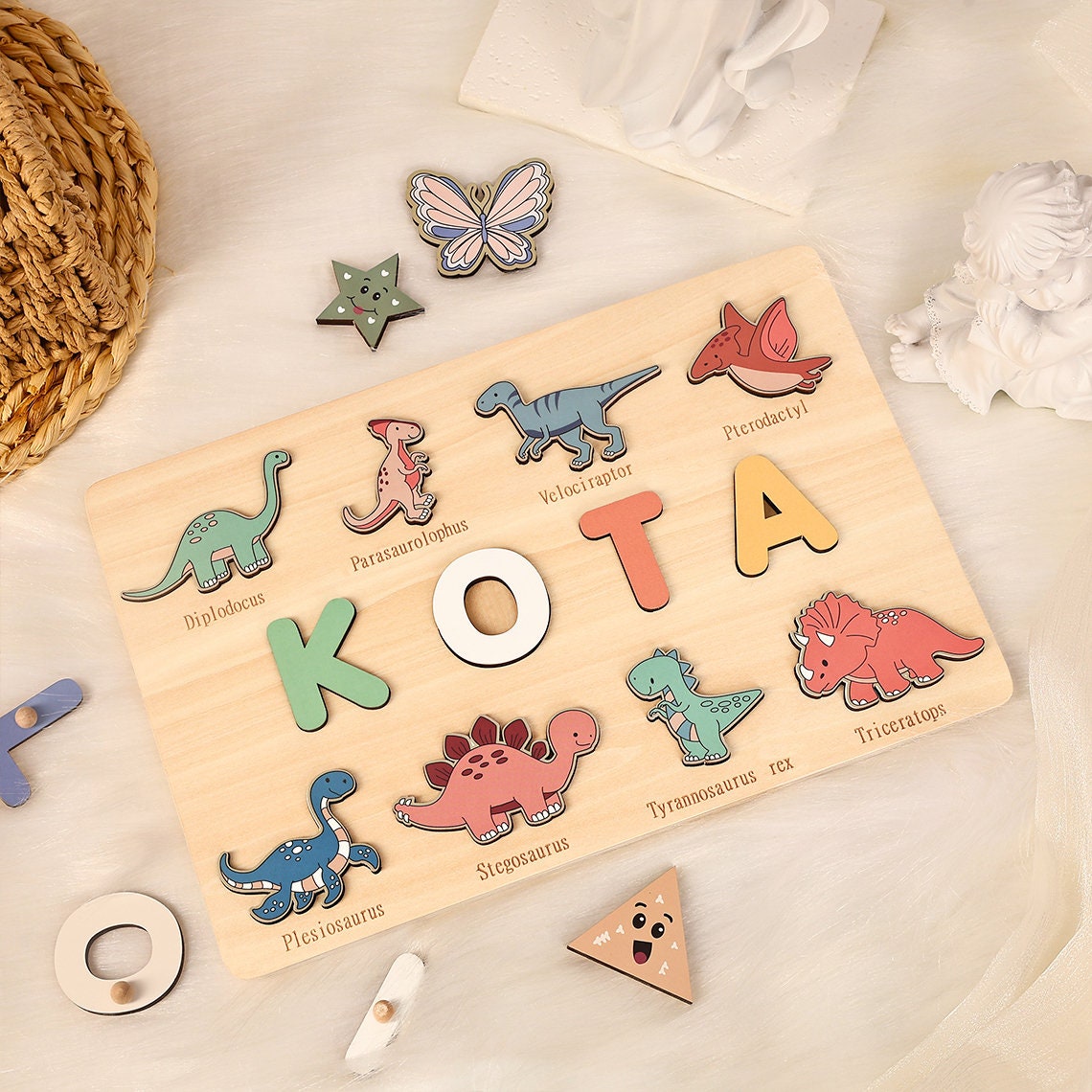 Custom Dinosaur Name Puzzle, Dinosaur First Birthday Gift, Dino Baby Shower Gift, Personalized Montessori Toys, 2 Years Old, Nursery Decor