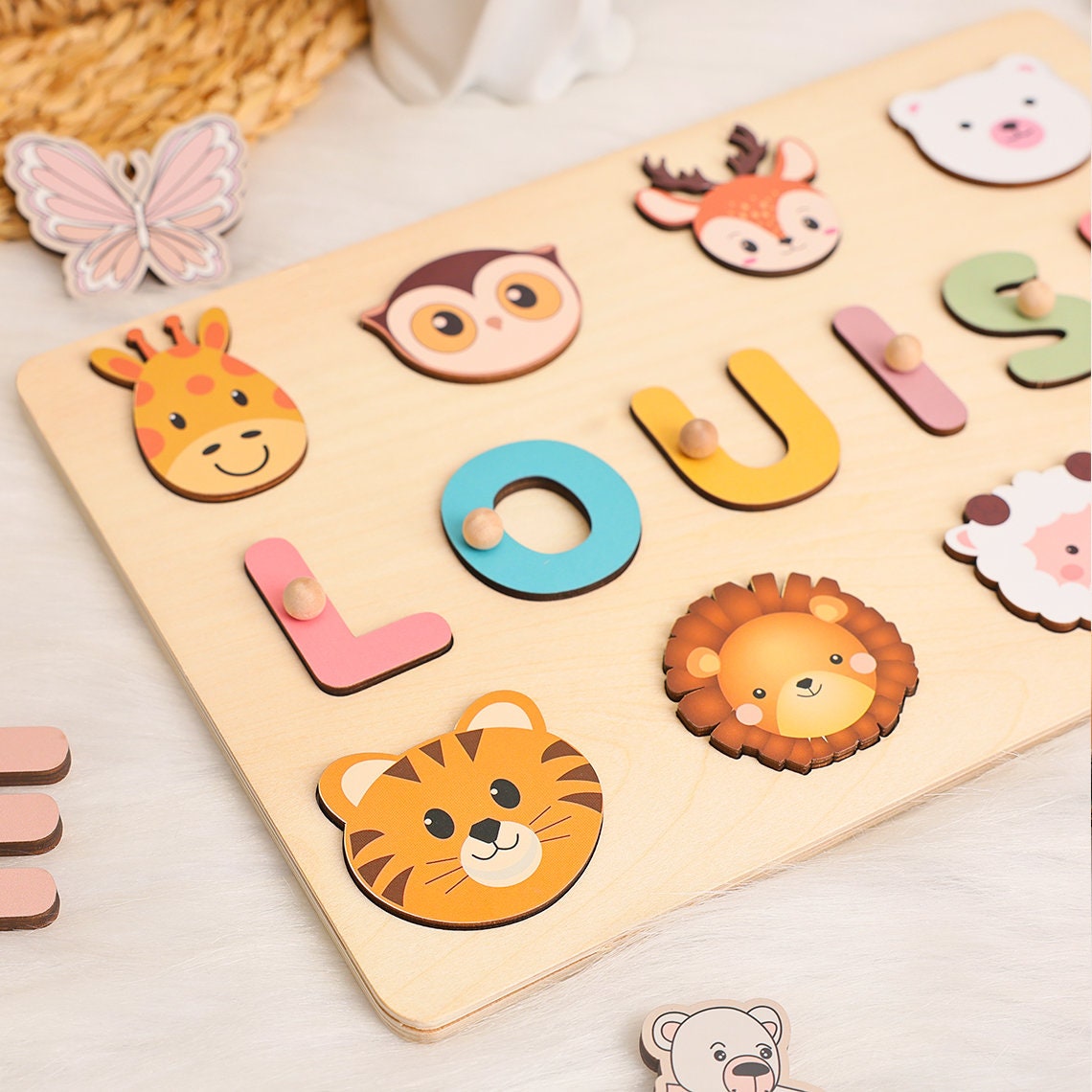 Personalized Baby Name Puzzle with Animals, Handmade Wooden, Custom Baby Girl and Boy Birthday Gift, Montessori Toys for One-Year-Old