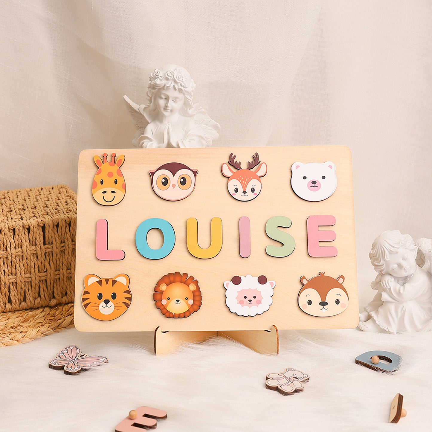 Personalized Baby Name Puzzle with Animals, Handmade Wooden, Custom Baby Girl and Boy Birthday Gift, Montessori Toys for One-Year-Old