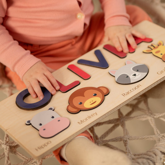 Personalized Baby Gift Name Puzzle with Animals, Birthday Gifts Busy Board Puzzles with Names Toddlers, Unique Wooden Toys Kids 1 Year Old