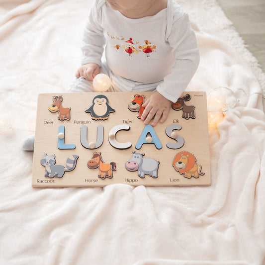 Baby Boy and Girl Name Puzzle Gift for Baby Shower Toddlers 2 Years Old Birthday Gifts Wooden Puzzles with Animals Kids Toys Nursery Decor