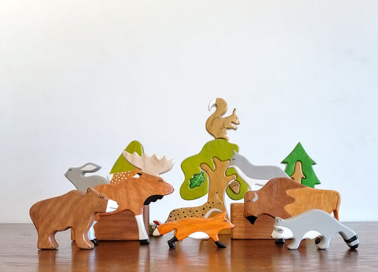 Big set Forest animals toys(10 pcs) + Wooden puzzles Trees(3 pcs), Wooden Forest Animals, Wooden toys, Handmade toys, Waldorf toys