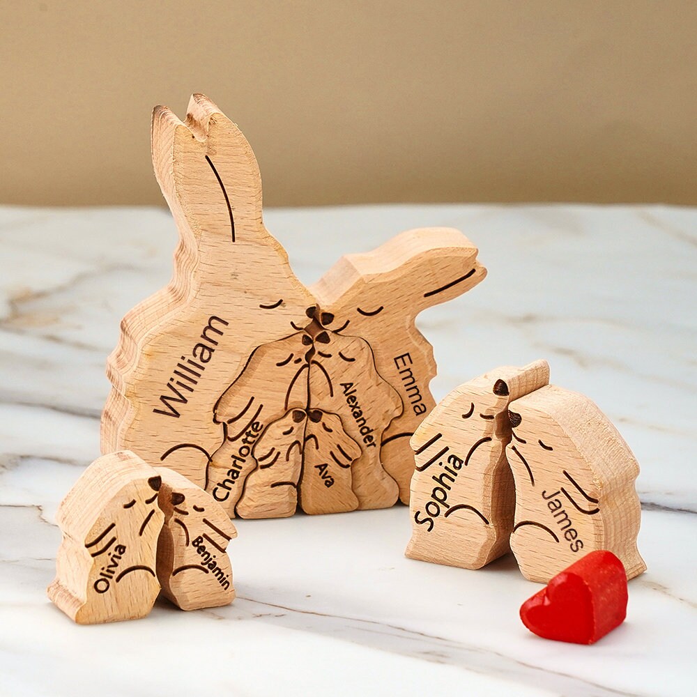 Wooden Bunny Family Puzzle, Engraved Family Name Puzzle, Rabbit Family Keepsake Gift, Animal Family,Gift for Kids, Family  Gift