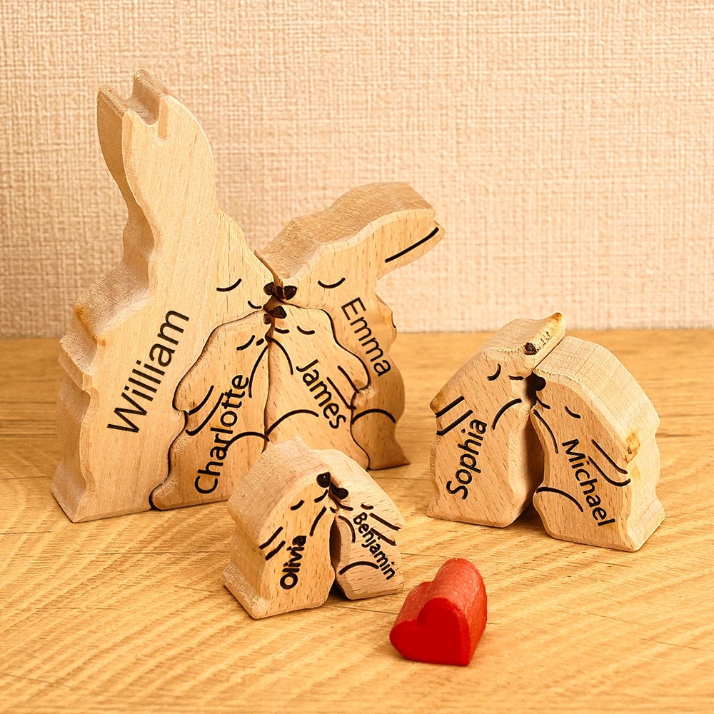 Wooden Bunny Family Puzzle, Engraved Family Name Puzzle, Rabbit Family Keepsake Gift, Animal Family,Gift for Kids, Family  Gift