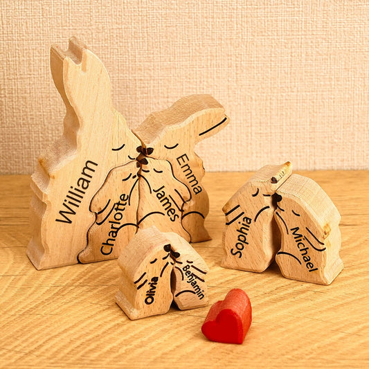 Wooden Bunny Family Puzzle, Engraved Family Name Puzzle, Rabbit Family Keepsake Gift, Animal Family,Gift for Kids, Family  Gift