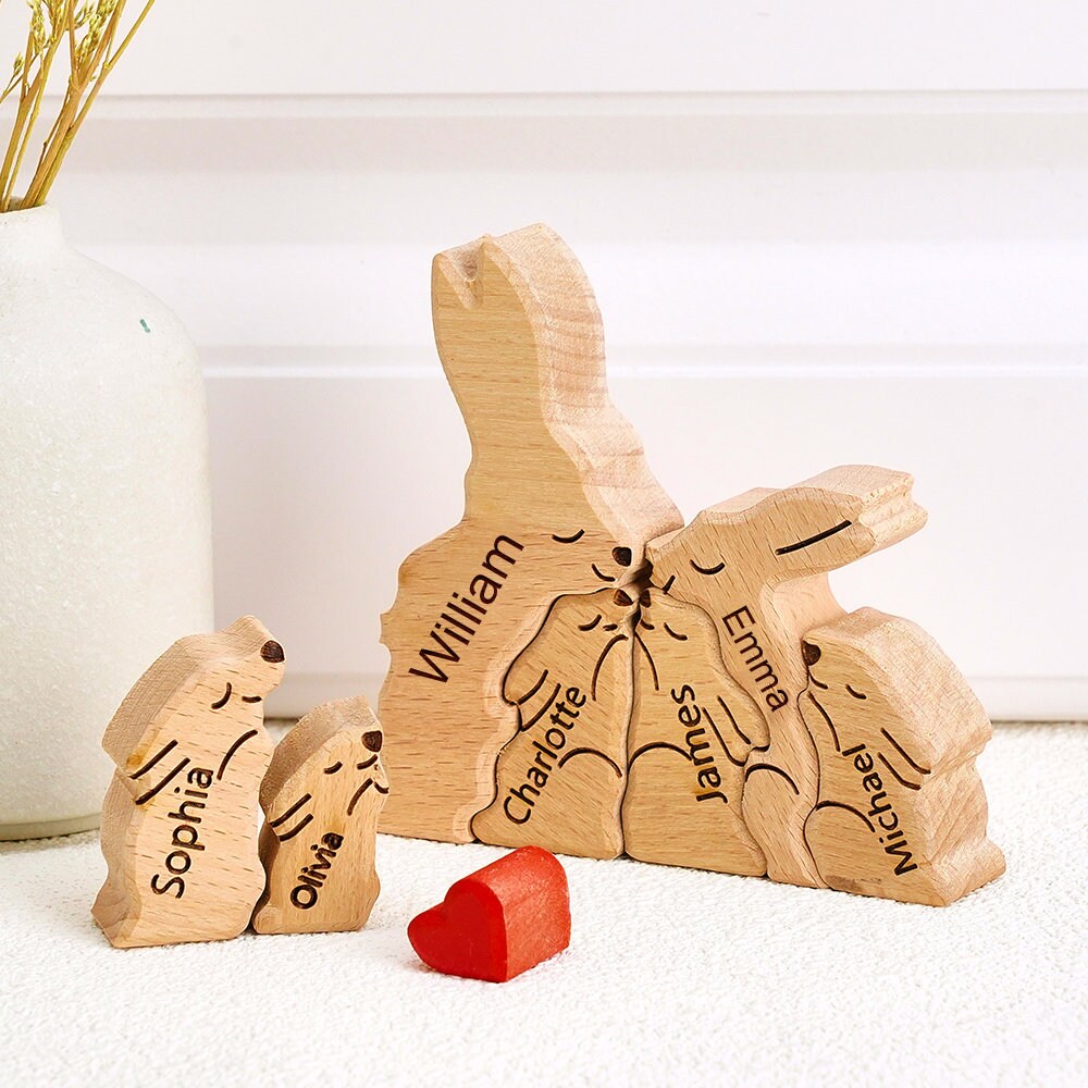 Wooden Bunny Family Puzzle, Engraved Family Name Puzzle, Rabbit Family Keepsake Gift, Animal Family,Gift for Kids, Family  Gift