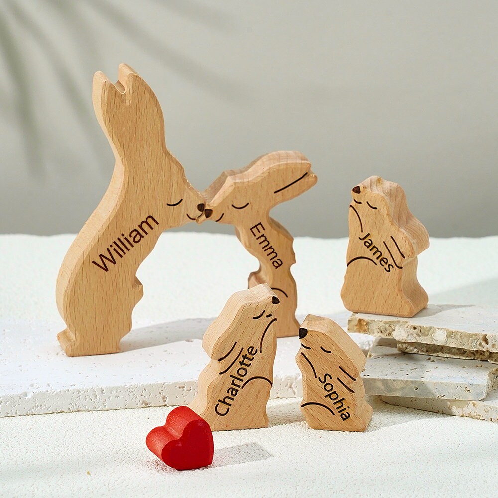 Wooden Bunny Family Puzzle, Engraved Family Name Puzzle, Rabbit Family Keepsake Gift, Animal Family,Gift for Kids, Family  Gift