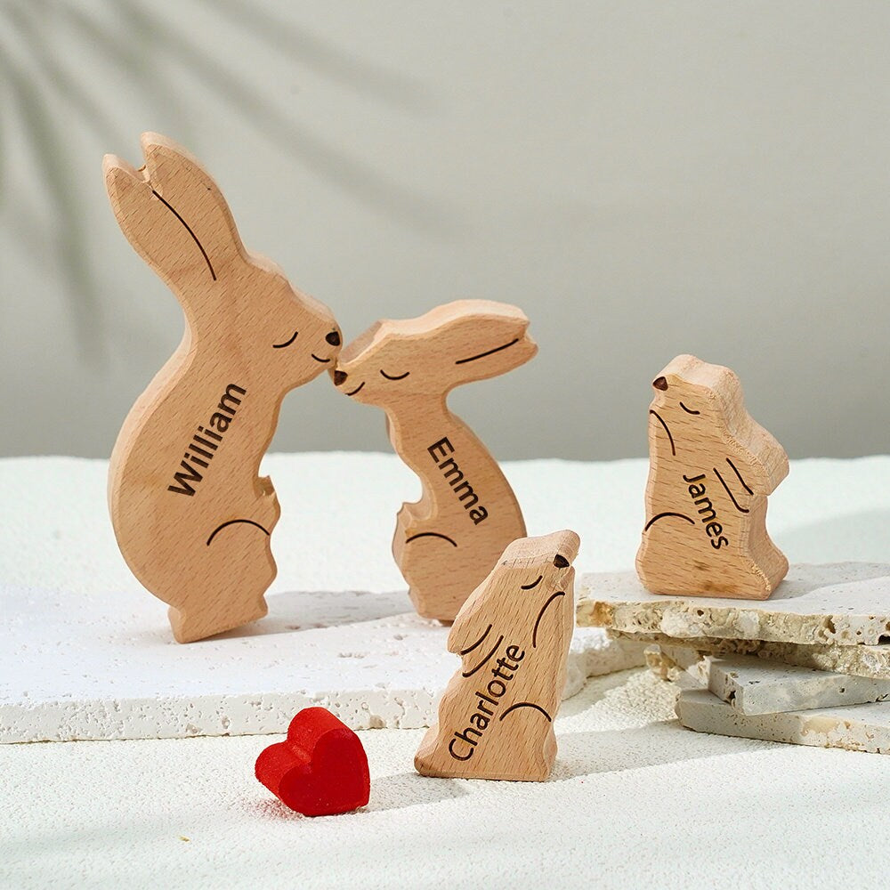 Wooden Bunny Family Puzzle, Engraved Family Name Puzzle, Rabbit Family Keepsake Gift, Animal Family,Gift for Kids, Family  Gift