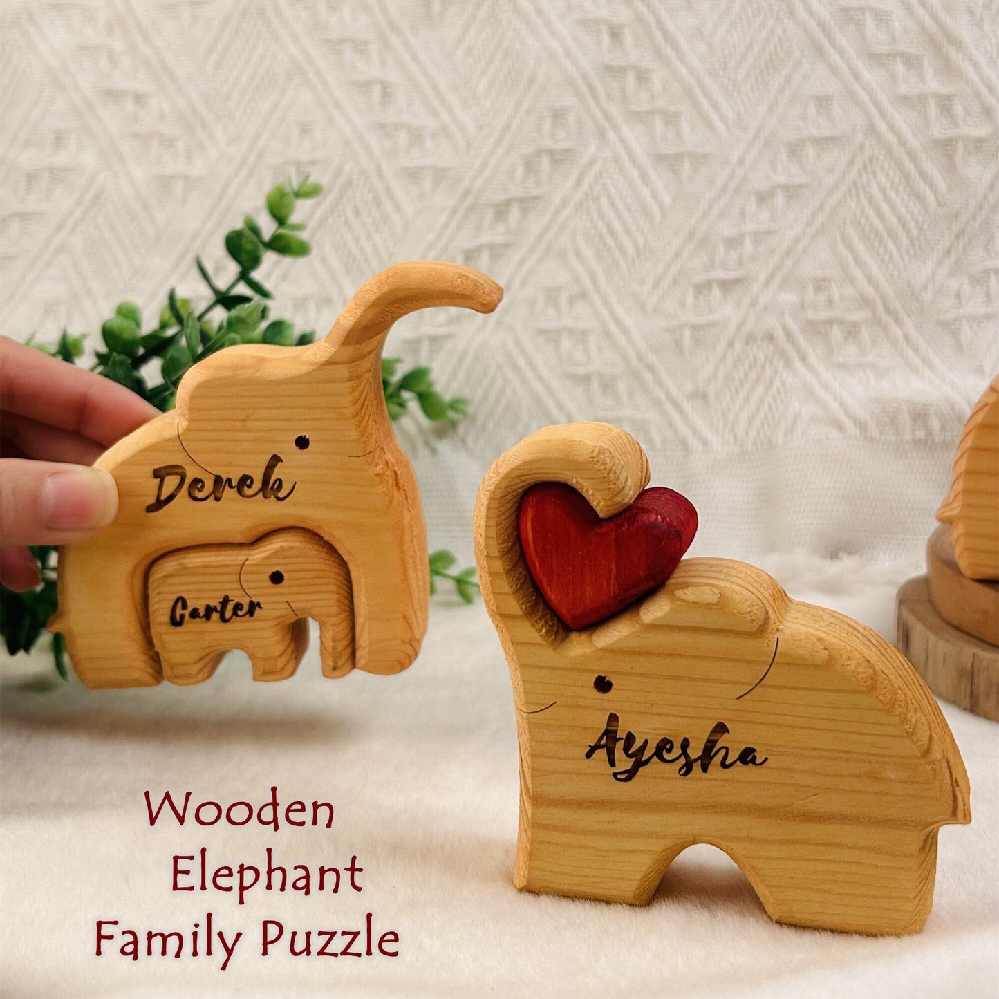 Wooden Elephant Family Puzzle, Personalized Name 7 Person Animal Figurine, Handmade Family Keepsake Home Decor Gift,Anniversary Gift for Her