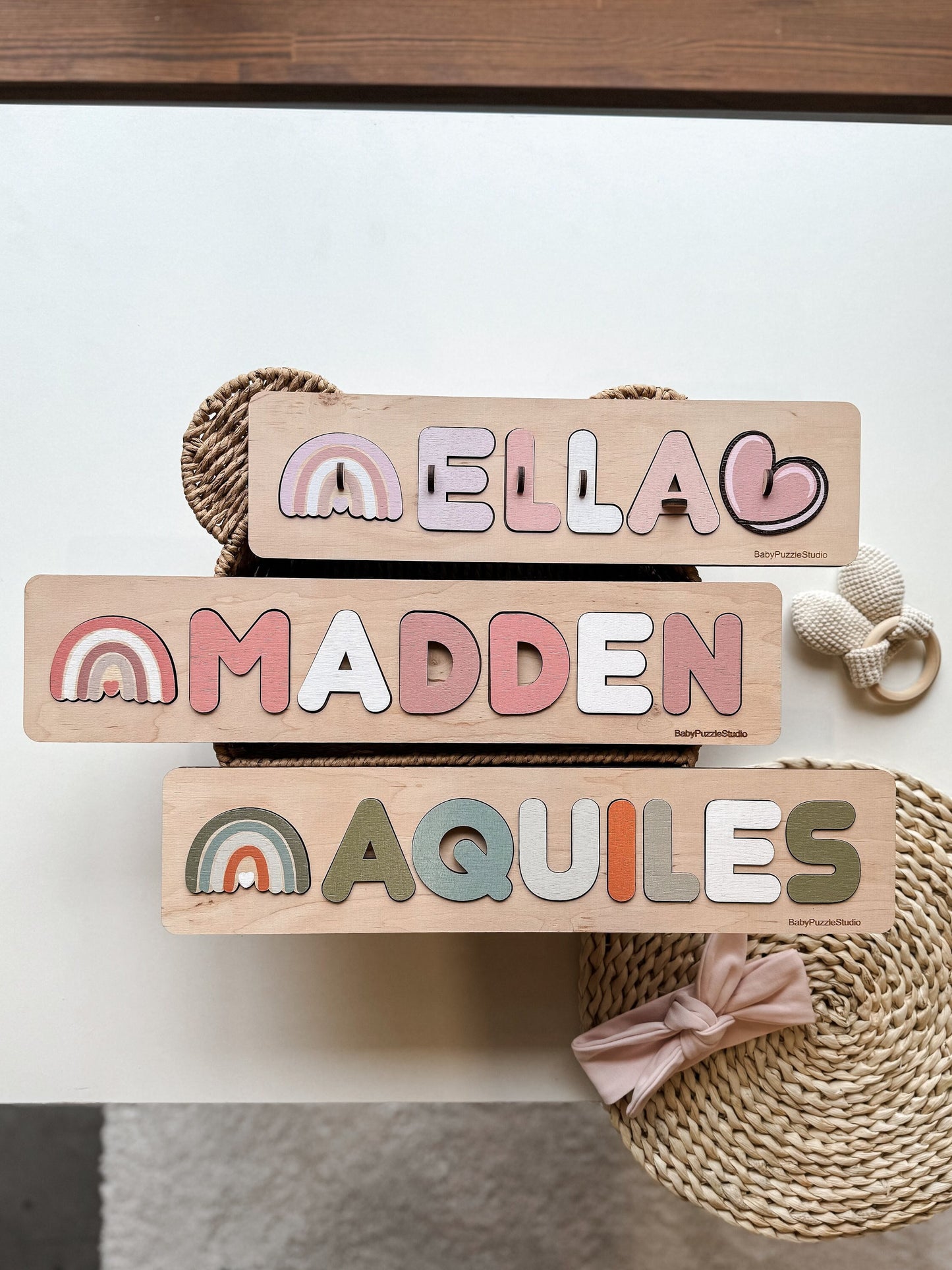 Personalized Name Puzzle with Pegs, Baby Gift, 1st Birthday Kid Gift, Pastel Jigsaw Puzzles for Toddlers First Christmas Baby