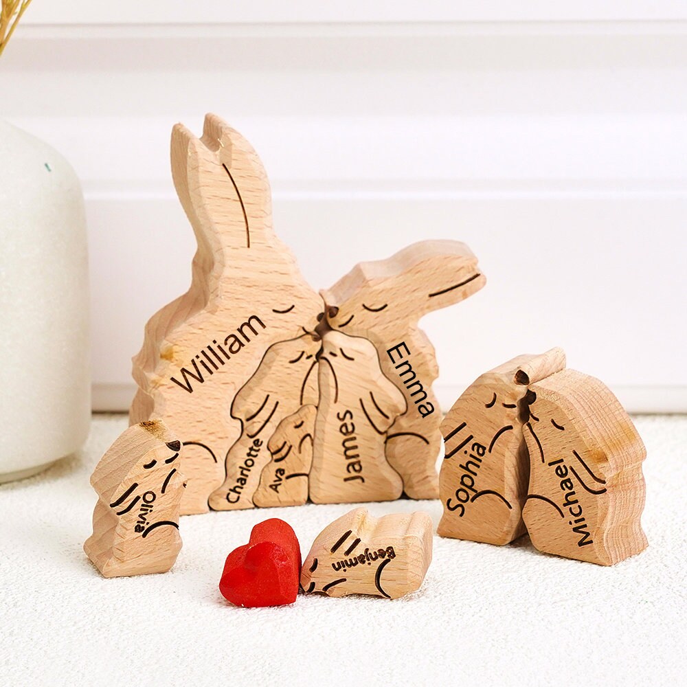 Wooden Bunny Family Puzzle, Engraved Family Name Puzzle, Rabbit Family Keepsake Gift, Animal Family,Gift for Kids, Family  Gift