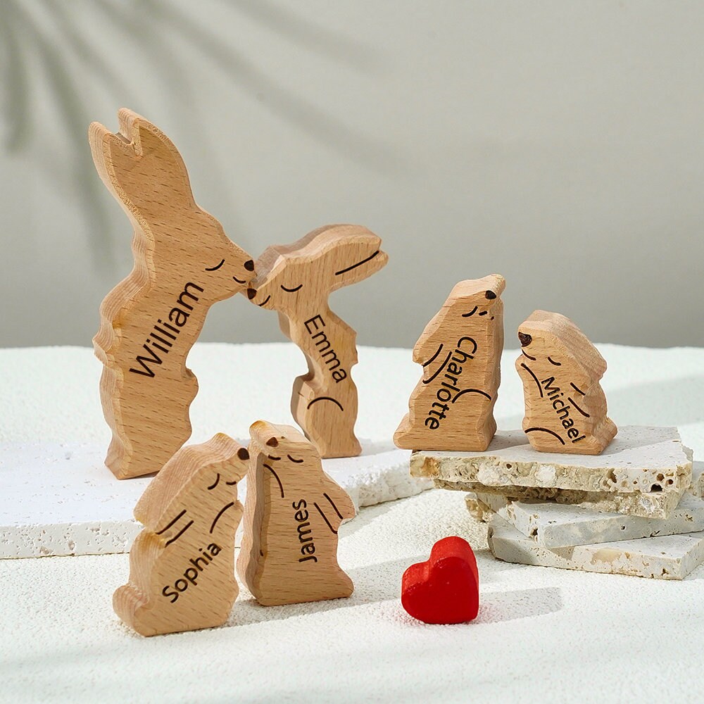 Wooden Bunny Family Puzzle, Engraved Family Name Puzzle, Rabbit Family Keepsake Gift, Animal Family,Gift for Kids, Family  Gift