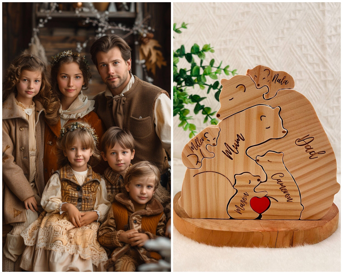 Personalized Hug Wooden Bears Puzzle, Family Keepsake Gifts, Engraved Family Name Puzzle, Animal Family Home Gift, Unique Room Decoration