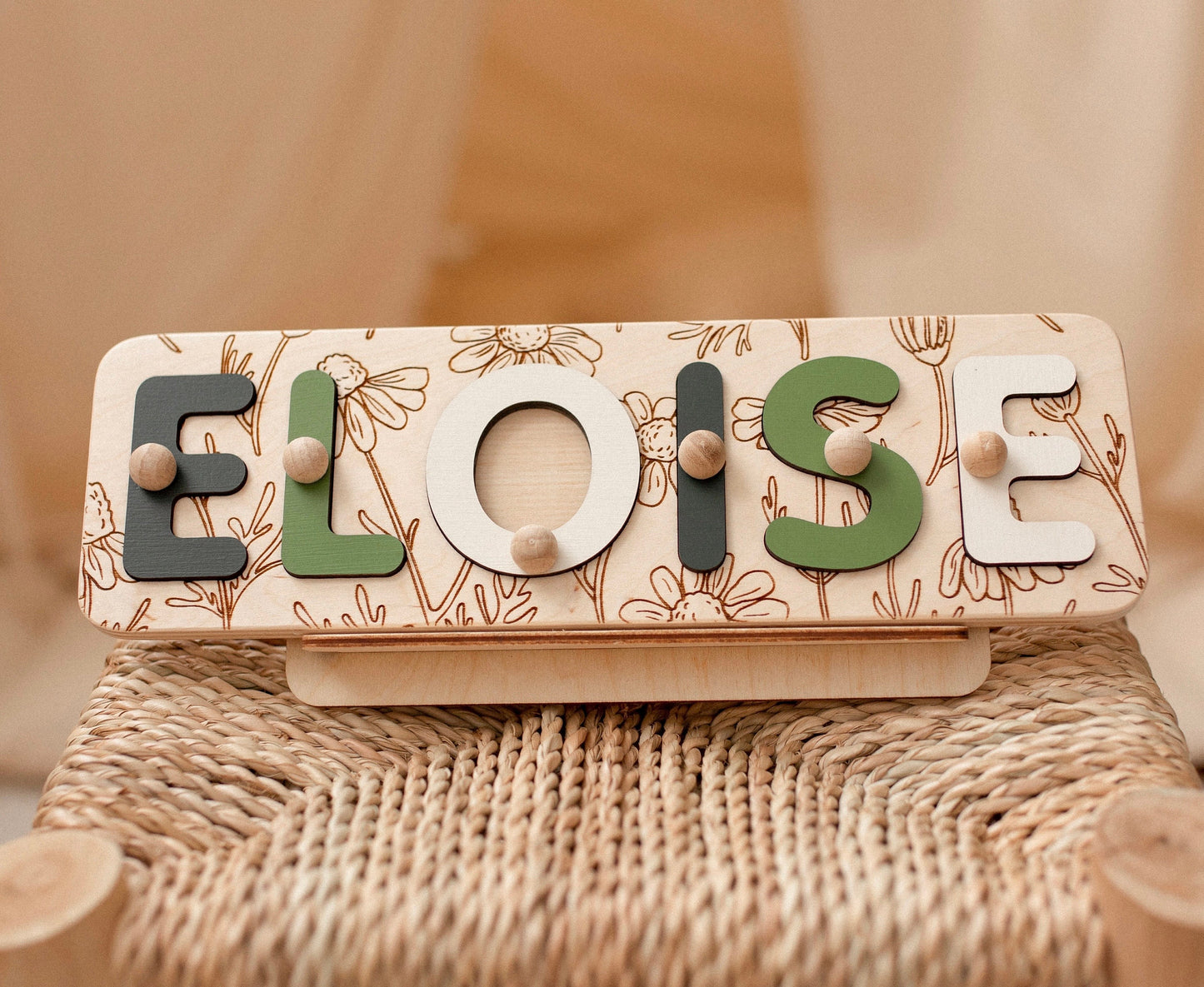 Name Puzzle, Patterned Flower Puzzle, Personalized Gift for Baby and Toddler, Natural Wooden Puzzle, First Birthday Gift