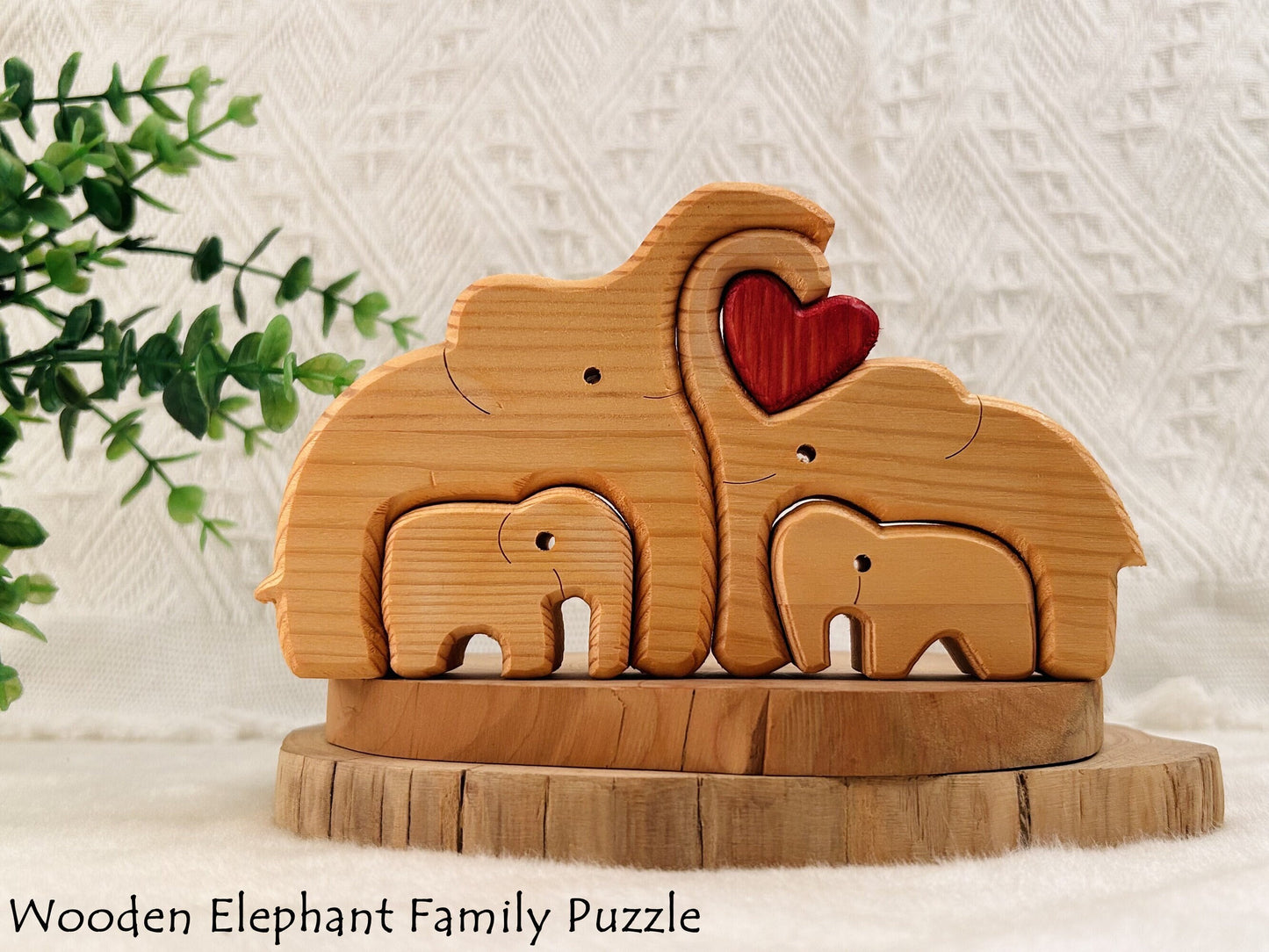 Wooden Elephant Family Puzzle, Personalized Name 7 Person Animal Figurine, Handmade Family Keepsake Home Decor Gift,Anniversary Gift for Her